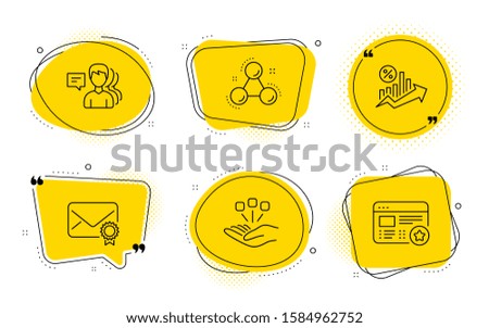 Chemistry molecule, Consolidation and Favorite signs. Chat bubbles. Verified mail, Loan percent and People line icons set. Confirmed e-mail, Growth chart, Support job. Laboratory atom. Vector
