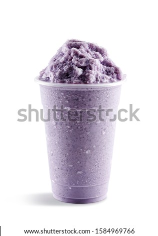 Food photography of Asian drink taro  slushie slushy frappe in clear plastic take away cup on white background Royalty-Free Stock Photo #1584969766