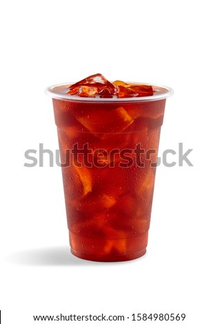 Food photography of Asian drink bubble tea iced Thai black tea in clear plastic take away cup on white background Royalty-Free Stock Photo #1584980569