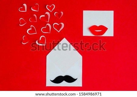 letter with kiss for valentines day. envelope with hearts, male mustache and female lips. declaration of love on red background on February 14, birthday. copy space, flat lay, card, banner