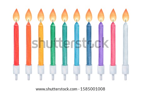 Festive candle pack in various color: red, orange, yellow, green, light blue, lilac, pink, silver. Hand painted water color graphic on white, cutout decorative element for design, card, banner, decor.