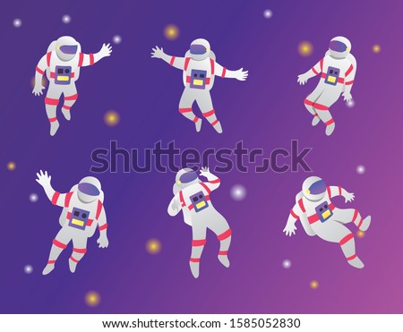 Astronaut vector set. Astronaut in various poses. Other space vector set. Isolated spaceman icon collection. Clipart with cute cosmonaut characters, spac