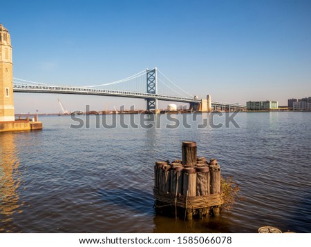 Delaware River and Benjamin Franklin Bridge into downtown Philadelphia, Pennsylvania