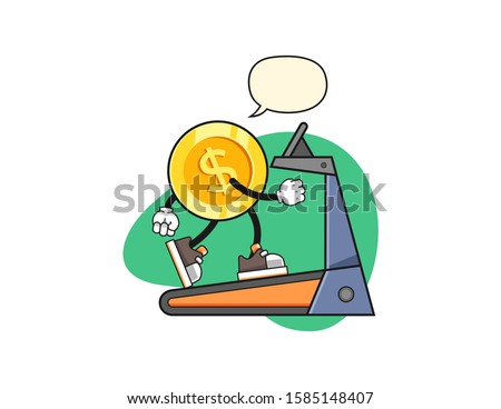 Dollar gold coin walking on treadmill with speech bubble cartoon. Mascot Character vector.