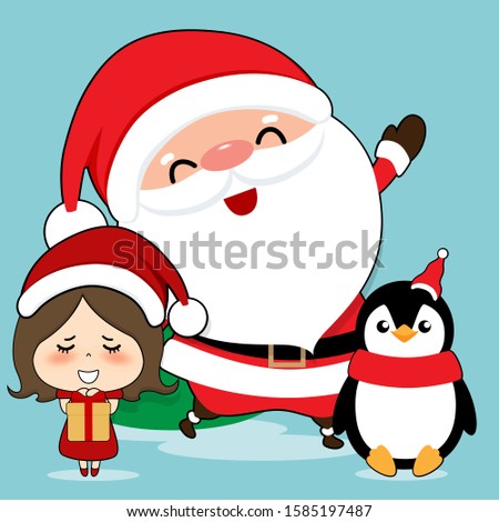 Santa Claus, Penguin and Cute girl with santa costume. Christmas background. Christmas Greeting Card. Vector illustration.