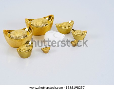 Chinese New Year 2020 decorations, dolls of mouse, chinese gold ingot (English translation for foreign text means blessing, luck and wealthy). Happy Year of the rat