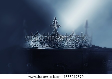 mysterious and magical photo of of beautiful queen/king crown over gothic snowy dark background. Medieval period concept Royalty-Free Stock Photo #1585217890