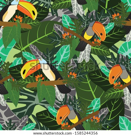 Tropical botanical jungle forest, Hornbills bird in green leaves seamless pattern, background,garden concept illustration vector by freehand doodle comic art,for textile print