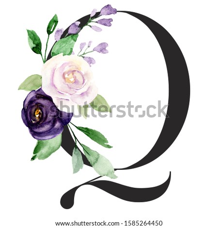 Letter q, floral alphabet with watercolor flowers and leaf. Monogram initials perfectly for wedding invitations, greeting card, logo, poster and other. Holiday design hand painting.
