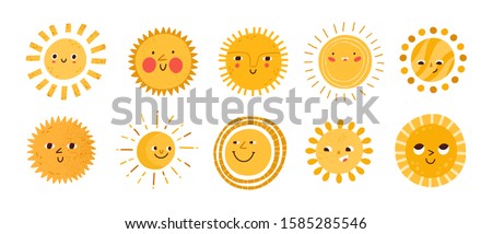 Cute sun flat vector illustrations set. Yellow childish sunny emoticons collection. Smiling sun with sunbeams cartoon character isolated on white background. T shirt print design element. Royalty-Free Stock Photo #1585285546