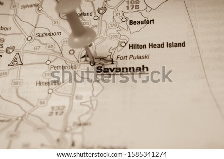 Savannah on USA map travel background