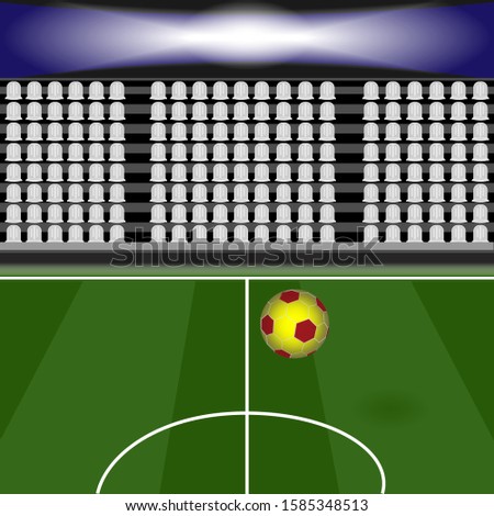 football stadium, ball on pitch front empty tribunes
