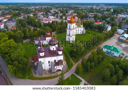 Top view of the temple complex of Cathedral Square on an August afternoon. Kargopol. Arkhangelsk region, Russia