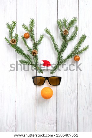 Christmas antlers. The concept consists of spruce branches and horns on a light wooden background