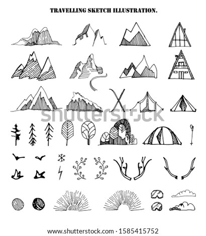 Big hand drawn set of sketch mountains,tents,trees,clouds.,birds,sun shine,sky,floral branches.Vector illustration of different travel elements, isolated on the white background .Engraving style.