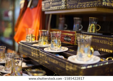 Tea and coffee sets, spices and Turkish desserts in the Egyptian (Spice ) Market in Istanbul, Turkey