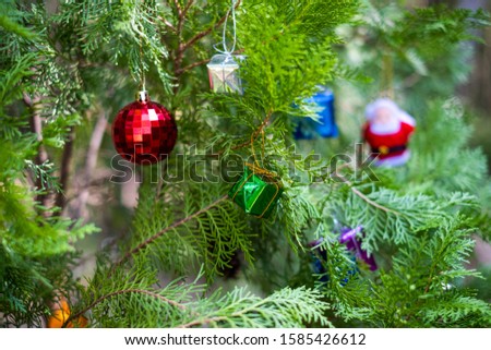 Pine tree and decoration doll with gift boxes at blurred  background, Merry Christmas and Happy new year concept