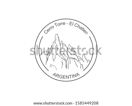 Cerro Torre mountain in Patagonia, Round stamp logo sticker template. Hand drawn vector sketch