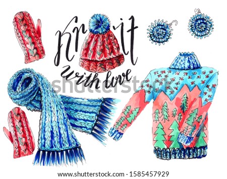 A set of 7 cozy knitted single objects hand-drawn on a white background. Knitted hat, scarf, mittens, earrings, sweater. Watercolor illustration in pink and blue colors.