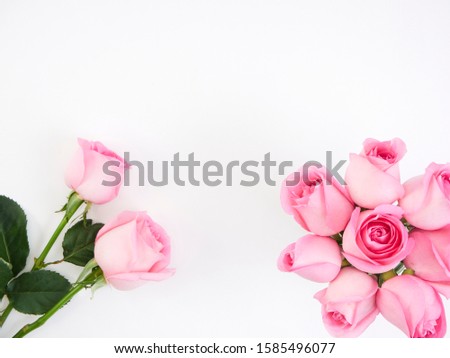 Valentines day background, pink roses on white background.  For card design and wedding. Top view, space for text