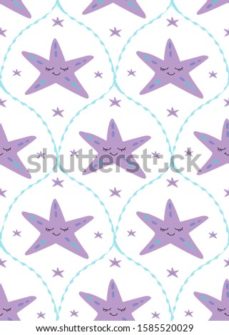 Vector illustration. Colorful seamless pattern with marine animals. Damask pattern with purple starfish. White background. 