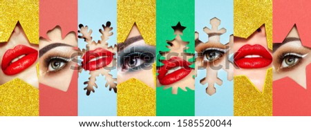 Women's faces in colored paper. Bright plump red lips. Bright festive makeup. Conceptual collage of beauty female faces. Christmas patterns