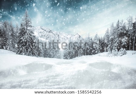 Winter background of snow with free space for your decoration.Snow flakes and blue landscape.Christmas time and copy space for your products. 