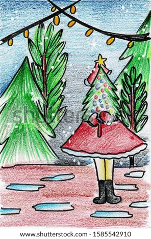 Colorful drawing of Christmas scene with Christmas tree.