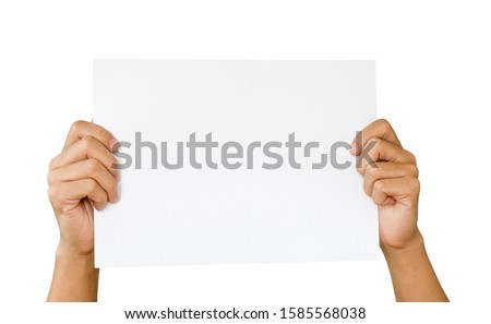 2 Hands holding and rise up white paper for copy space and add text on white background. This photo is isolated and has clipping path.