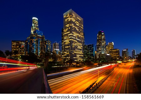 Downtown LA night Los Angeles sunset skyline California from 110 freeway