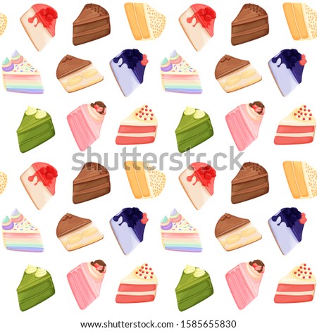 Various cakes slice cartoon style vector illustrations seamless pattern, isolated colorful pieces of famous cakes.