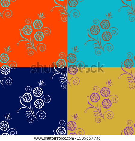 Floral vector line art with Lush Lava, Aqua Menthe, Phantom and Gold background is in seamless pattern