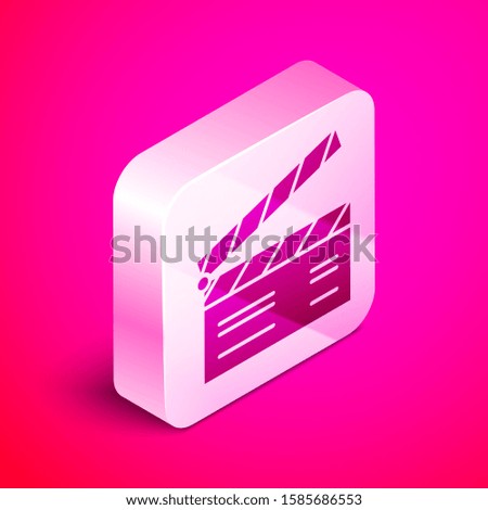 Isometric Movie clapper icon isolated on pink background. Film clapper board. Clapperboard sign. Cinema production or media industry concept. Silver square button. 