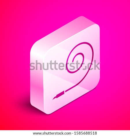 Isometric Birthday party horn icon isolated on pink background. Silver square button. 