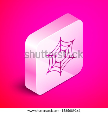 Isometric Spider web icon isolated on pink background. Cobweb sign. Happy Halloween party. Silver square button. 