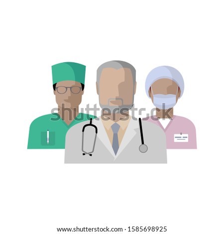 Set of doctor and nurse, male and female, midwife. Color flat image avatars. doctor with stethoscope, in uniform, wearing protective bandage on face and hair cap, with badge. Nurse's day, health care