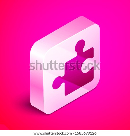 Isometric Piece of puzzle icon isolated on pink background. Modern flat, business, marketing, finance, internet concept. Silver square button. 