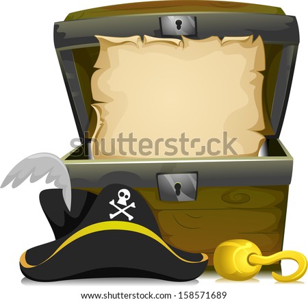 Illustration of an Open Treasure Chest with an Empty Scroll Inside and a Pirate Hat and a Hook in Front
