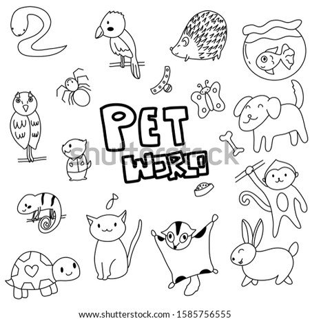 Black and white line Set of pet which have parrot snake python gold fish owl spider hamster chameleon porcupine dog puppy monkey cat turtle sugar glider rabbit butterfly draw in cute comic styles 