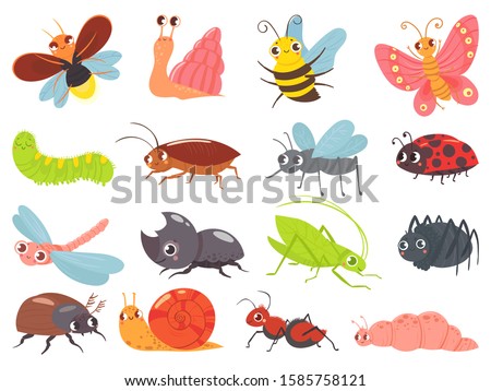 Cartoon bugs. Baby insect, funny happy bug and cute ladybug. Insects mascots, different bugs characters warm, comic snail and butterfly. Isolated vector icons set