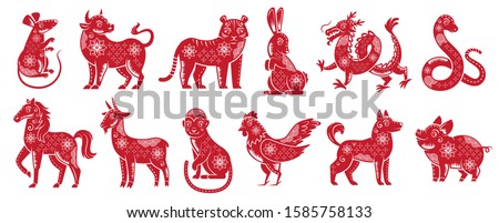 Chinese Zodiac New Year signs. Traditional china horoscope animals, red zodiacs silhouette. Astrological calendar cat, dragon and tiger mascots. Isolated vector illustration icons set