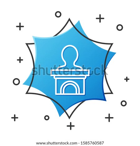 White line Stage stand or debate podium rostrum icon isolated on white background. Conference speech tribune. Blue hexagon button. Vector Illustration