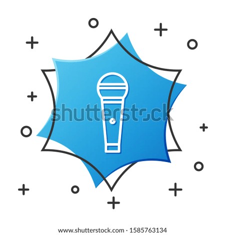 White line Microphone icon isolated on white background. On air radio mic microphone. Speaker sign. Blue hexagon button. Vector Illustration