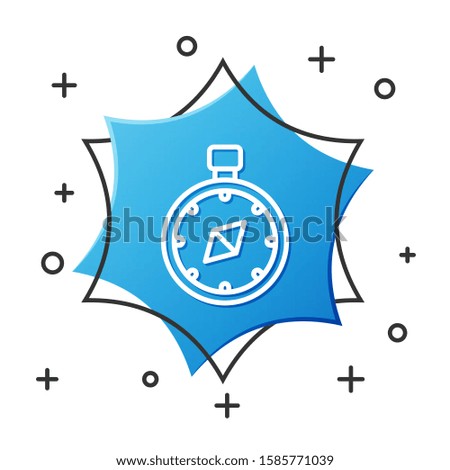 White line Compass icon isolated on white background. Windrose navigation symbol. Wind rose sign. Blue hexagon button. Vector Illustration
