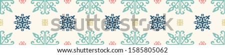 Christmas drawing with snowflakes. The Nordic style. Folk print with flakes. Scandinavian, Portuguese ornament. Spanish porcelain. Oriental damask. Ethnic motif. Ikat geometric folklore background. 