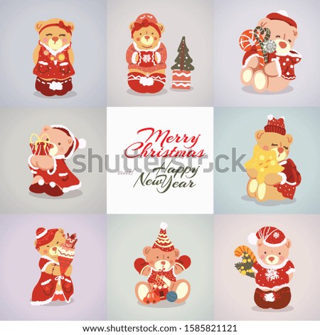 Set of Little Cute Bears in Different Christmas Costume on Light Background. Christmas Concept Illustration for Greeting Cards, Festive Banner and the Poster Design