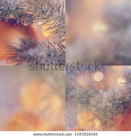 Blurred background. Christmas and New Year Holiday postcard. Beautiful copper ball, pine branches and a garland in the snow. Snowflakes.  Shallow depth of field. Toned image. Copy space. Mockup
