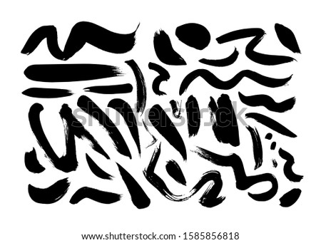 Hand drawn brush line vector set. Black paint, ink brush strokes, spots. Grunge smears collection with curled lines. Abstract ink dry strokes doodle textures. Freehand drawing. Grunge design elements