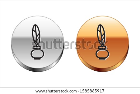 Black line Feather and inkwell icon isolated on white background. Silver-gold circle button. Vector Illustration