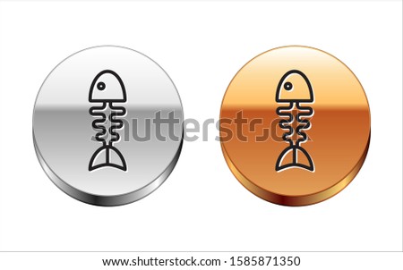 Black line Fish skeleton icon isolated on white background. Fish bone sign. Silver-gold circle button. Vector Illustration
